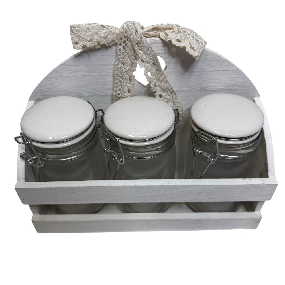 Glass Jars Set of 3 with White Lids and Rack NEW Farmhouse Storage Shabby Chic